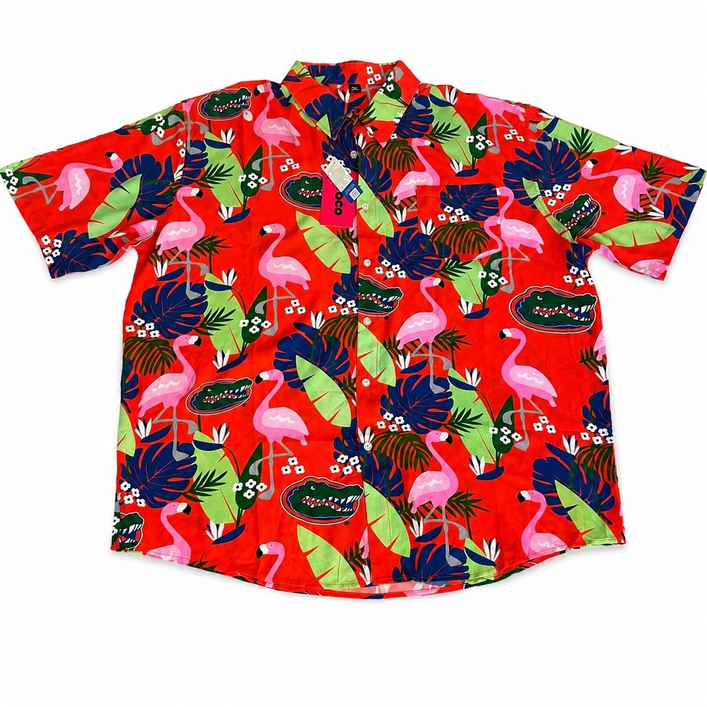FOCO Florida Gators Mens 2XL Flamingo Tropical Hawaiian Button Up Shirt Red New
